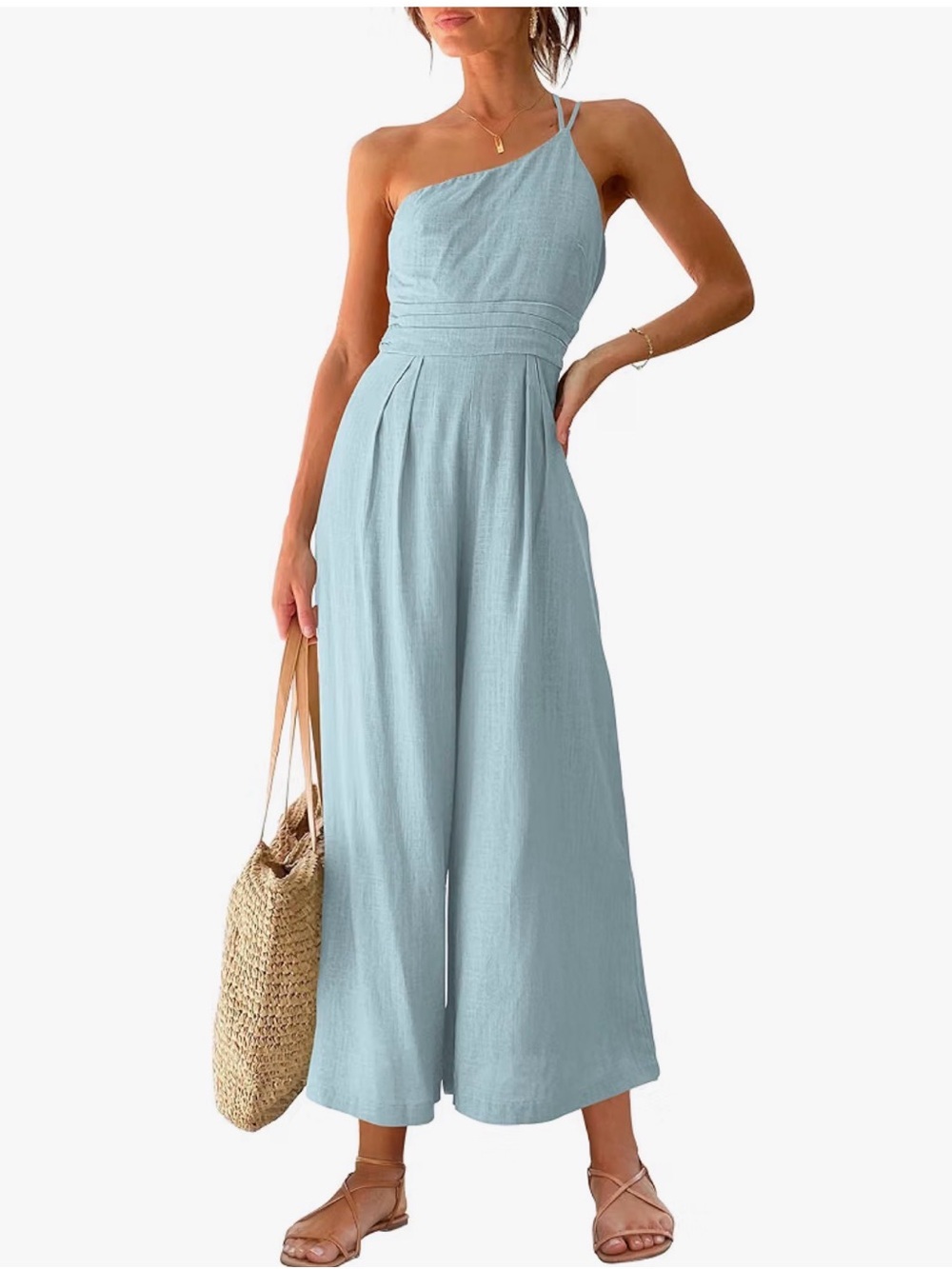 One-Shoulder Wide-Leg Jumpsuit in Light Blue